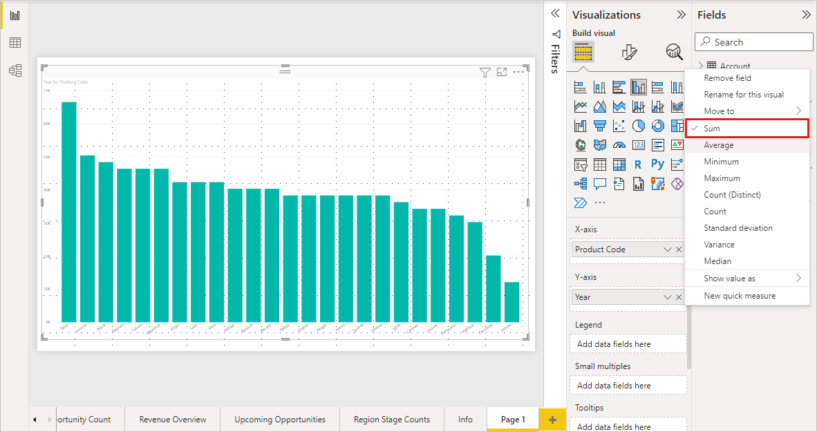 Power BI Desktop のグラフ、[視覚化] ウィンドウ、[フィールド] 一覧のスクリーンショット。[合計] が選択されています。