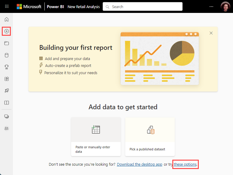 Power BI サービスにデータを読み込む新しいエクスペリエンスを示すスクリーンショット。