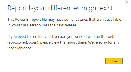 [レポート レイアウトに違いがある可能性があります] というタイトルの Power BI Desktop の警告ダイアログ ボックスのスクリーンショット。