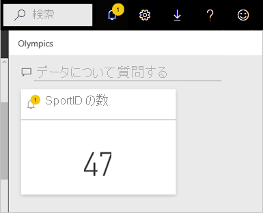 Power BI サービス通知センターの通知アイコンとアラートのスクリーンショット。