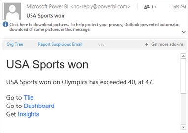 Power BI へのリンクが記載されたメールの例のスクリーンショット。