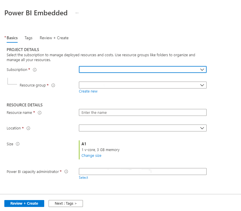 Azure portal で新しい容量を作成するための、Power BI Embedded ページの [基本] タブが表示されているスクリーンショット。