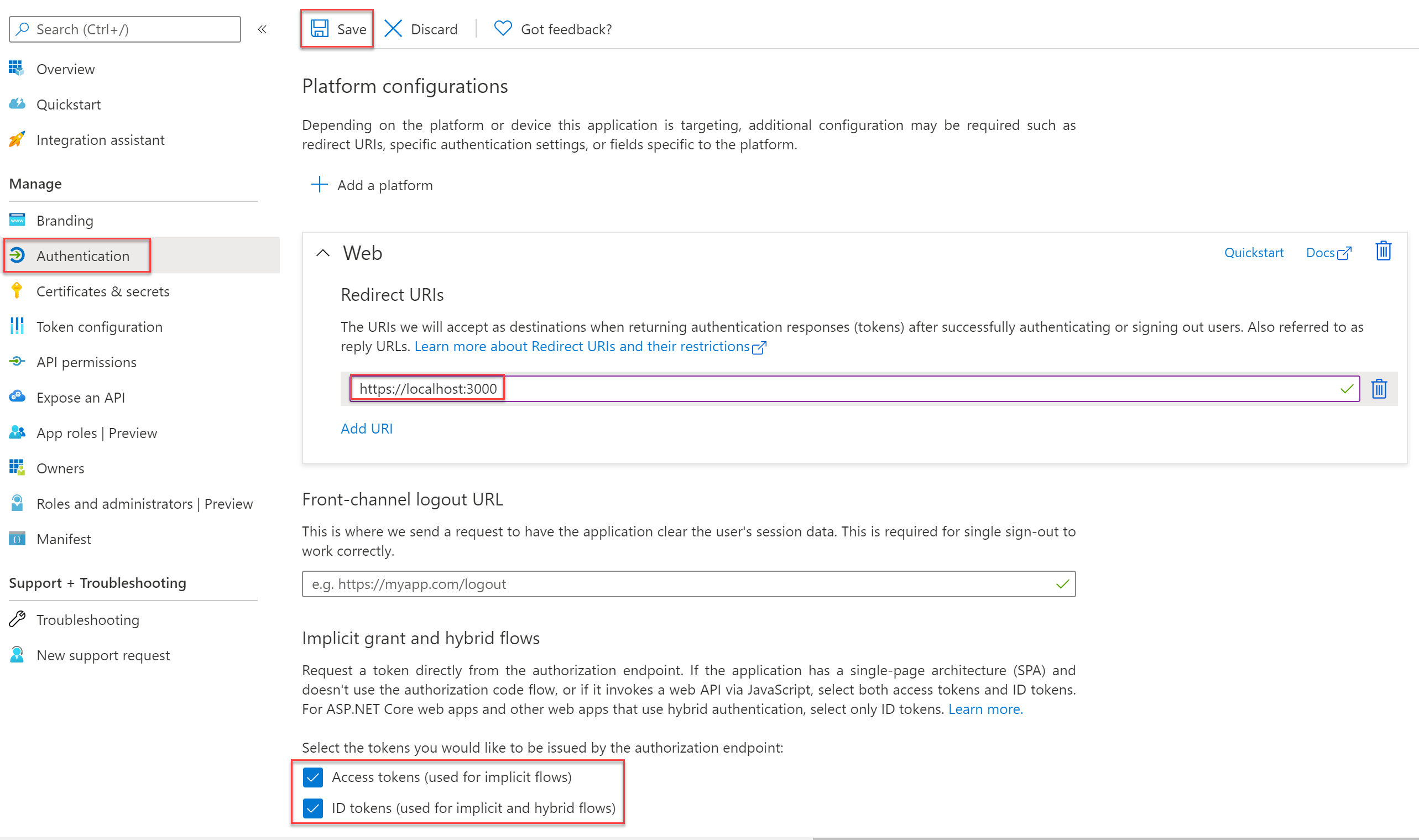 Microsoft Entra アプリの認証構成と localhost 3000 の Web リダイレクト URI セットを示す Azure portal ウィンドウのスクリーンショット。