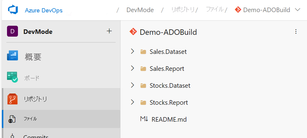 さまざまなワークスペース項目用のフォルダーを含む Azure DevOps ブランチを示すスクリーンショット。