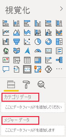 新しく作成された Power BI ビジュアル内のカテゴリ データ フィールドとメジャー データ フィールドを示すスクリーンショット。