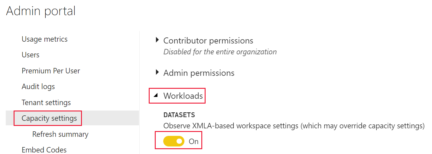 Analysis Services のサーバー プロパティを無効にする管理者設定を示すスクリーンショット。