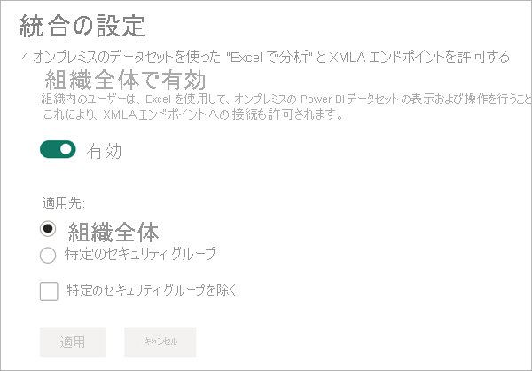 統合設定により、XMLA エンドポイントが許可されます。