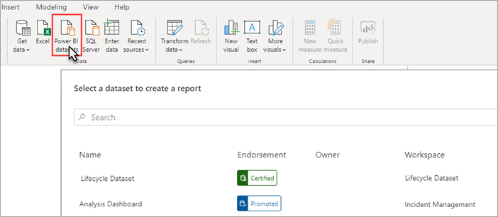 Power BI Desktop のスクリーンショット。リボンの Power BI セマンティック モデルが強調表示されています。[セマンティック モデルの選択] ダイアログがメイン ウィンドウに表示されています。