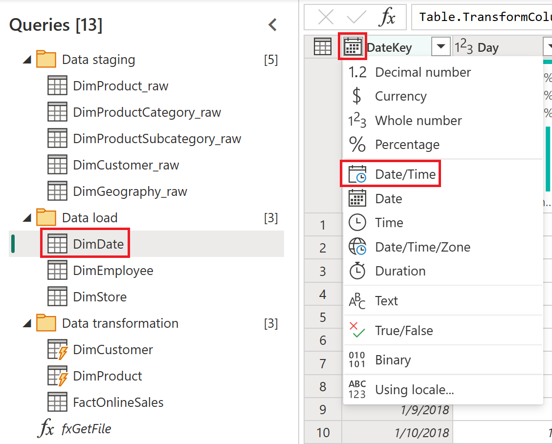 Power Query エディター内でのデータ型の変更を示すスクリーンショット。