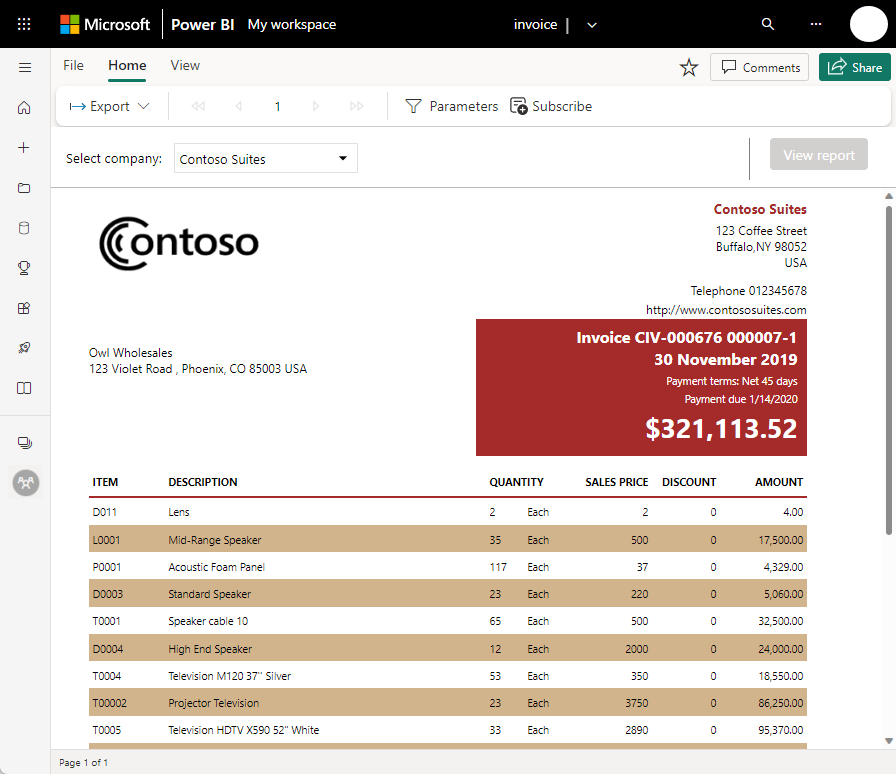 Power BI サービスでのページ分割されたレポートのスクリーンショット。