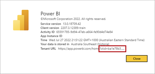 顧客テナント ID が強調表示された [Power BI について] ダイアログ ウィンドウのスクリーンショット。