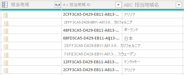 account テーブルにある 3 つの territory 関連列のデータのプレビューを示すスクリーンショット。