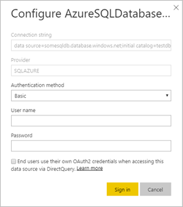 Screenshot of dialog box to Configure the Azure SQL Database.