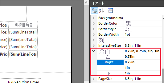 レポートの余白を表示および編集する場所を示すレポートのプロパティのスクリーンショット。