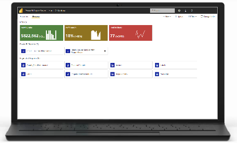 Photograph shows a laptop that displays the Power B I Report Server web portal.