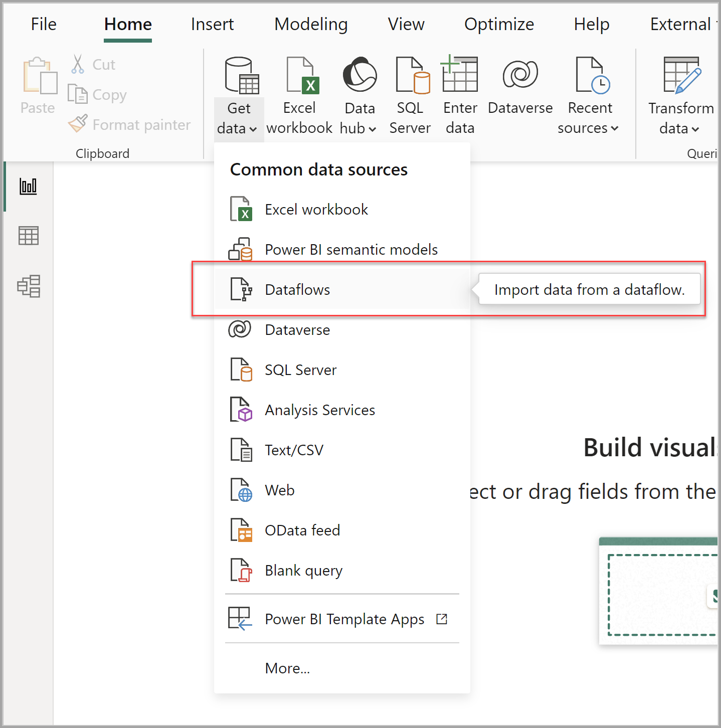 [データを取得] ドロップダウン内の [データフロー] オプションが強調表示されている Power BI Desktop のスクリーンショット。