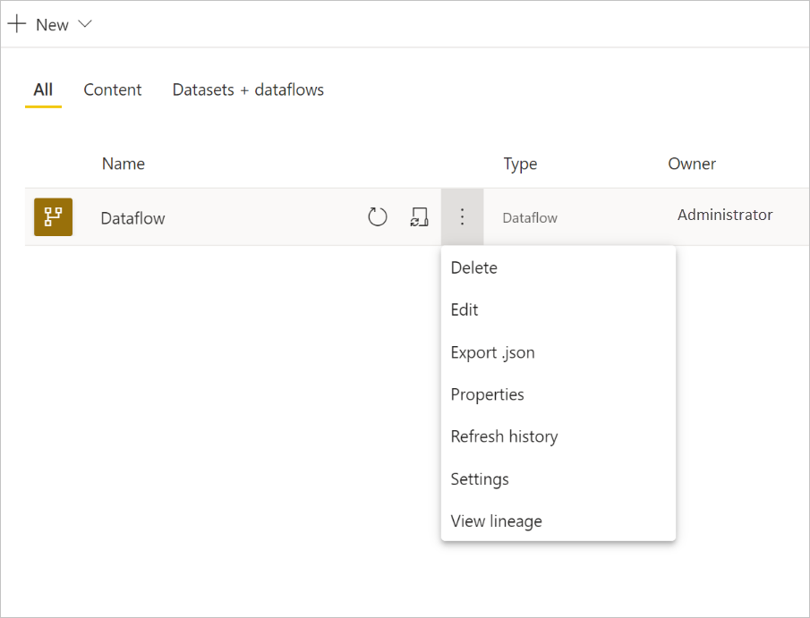 Power BI データフローのドロップダウン設定のスクリーンショット。