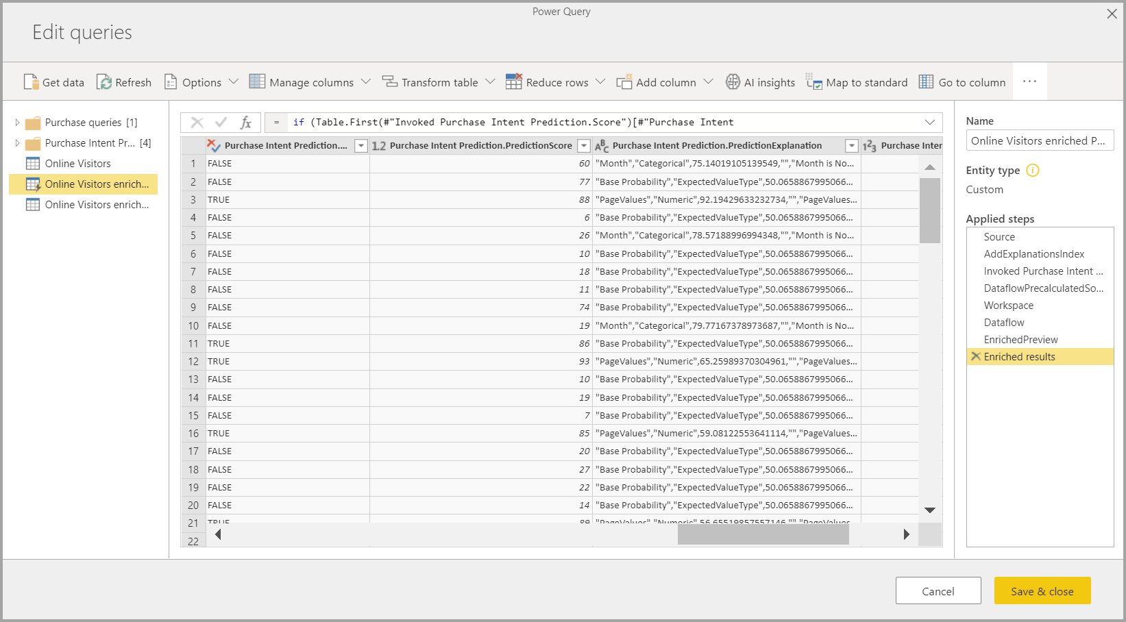 AutoML の結果を示す Power Query のスクリーンショット。