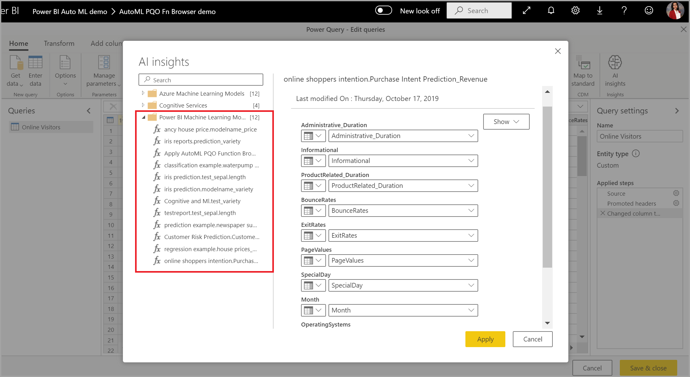 [Power BI Machine Learning モデル] が強調表示されている [AI 分析情報] ダイアログ ボックスのスクリーンショット。