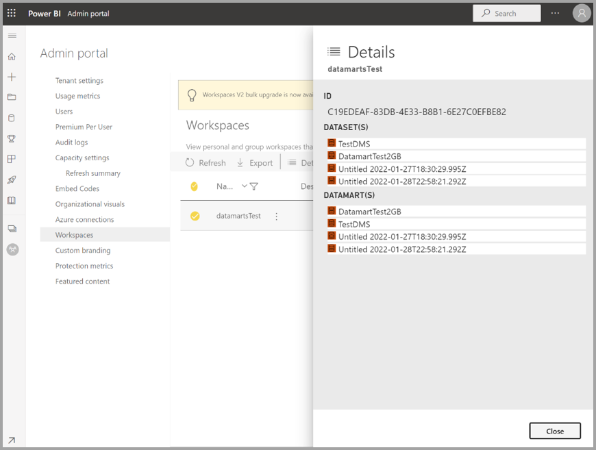 Screenshot of the admin portal to track datamarts.