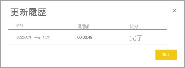 データマートの [更新履歴] ウィンドウのスクリーンショット。