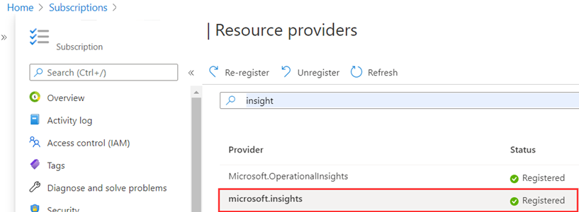 Microsoft.insights が登録されているメイン ペインの [リソース プロバイダー] のスクリーンショット。