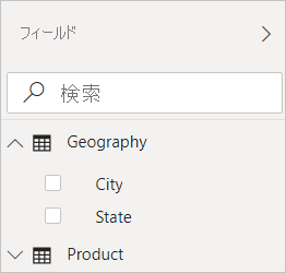 フィールド ビューに Geography フィルターが表示されている Power BI Desktop のスクリーンショット。