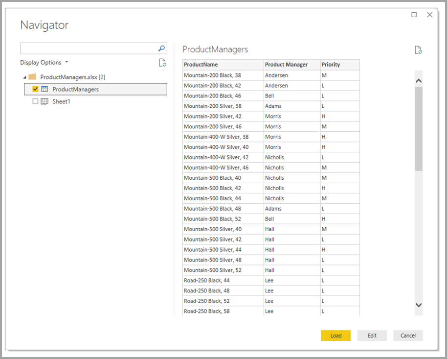 Excel ファイルをソースとして選択した後のナビゲーター ウィンドウのスクリーンショット。