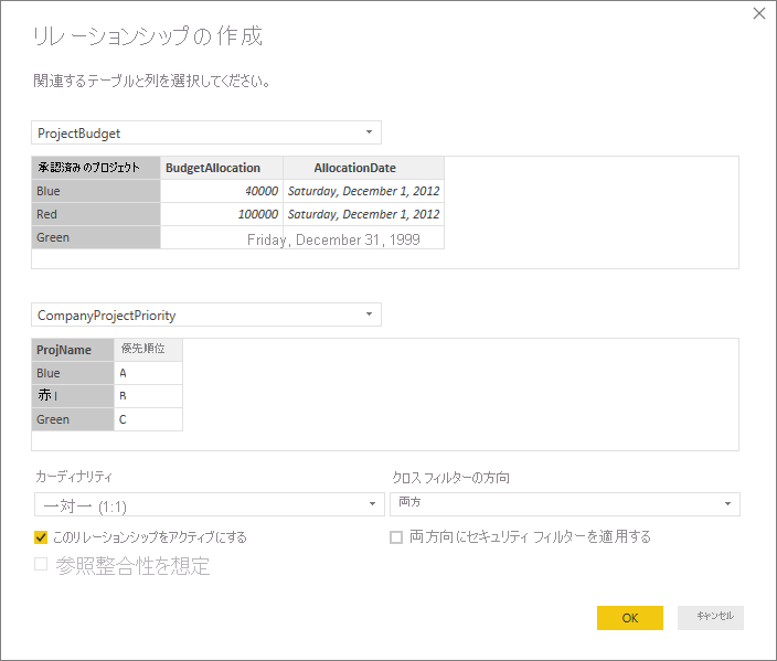 [カーディナリティ] が 1 対 1 (1:1) で、[クロス フィルターの方向] が [両方] の [リレーションシップの作成] ダイアログ ボックスのスクリーンショット。