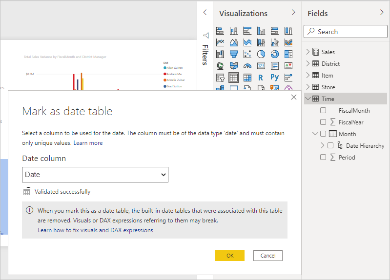 [日付テーブルとしてマーク] ダイアログ ボックスを示す、Power BI Desktop のスクリーンショット。