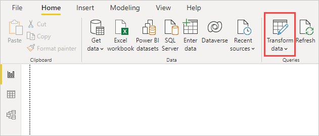 [データの変換] アイコンが強調されている Power BI Desktop のスクリーンショット。