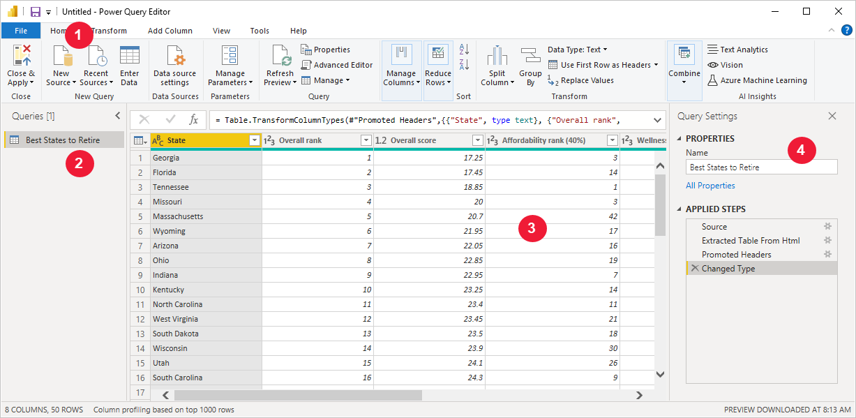 Power Query エディターの [クエリの設定] ペインが表示されている Power BI Desktop のスクリーンショット。