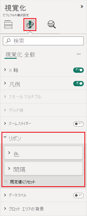 リボン グラフの視覚化の書式設定オプションを示すスクリーンショット。