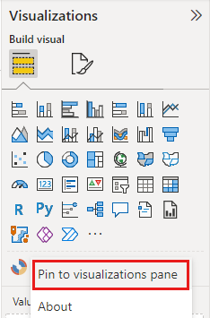 [視覚化] ペインにアイコンをピン留めするオプションのスクリーンショット。