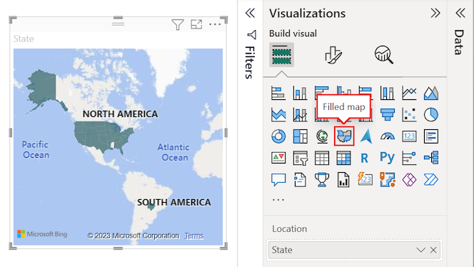 Power BI Desktop の塗り分け地図にビジュアルを変換する方法を示すスクリーンショット。