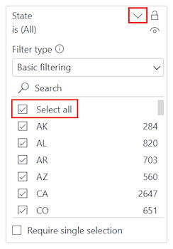 [フィルター] ペインの [州] フィールドの [すべて選択] オプションを選択する方法を示すスクリーンショット。