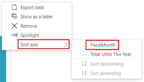 展開されて軸のソートと [FiscalMonth] が表示された状態の [その他のオプション] (省略記号) メニューのスクリーンショット。