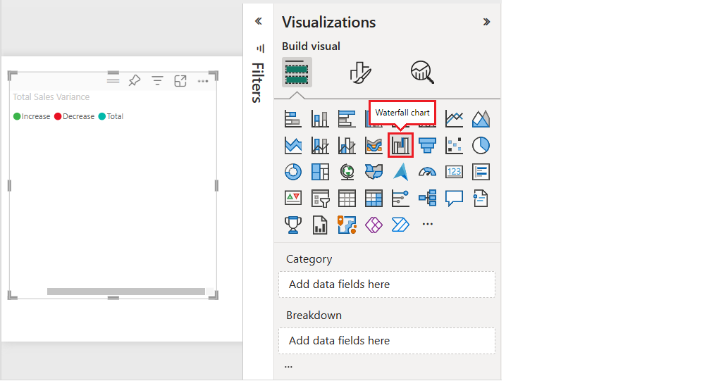 Power BI でウォーターフォール図の視覚化を選択する方法を示すスクリーンショット。