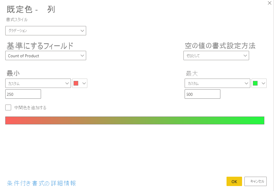 最大値と最小値が示されている [既定色] オプションのスクリーンショット。