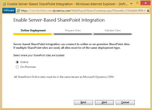 SharePoint サイトの場所としてオンラインを選択します。