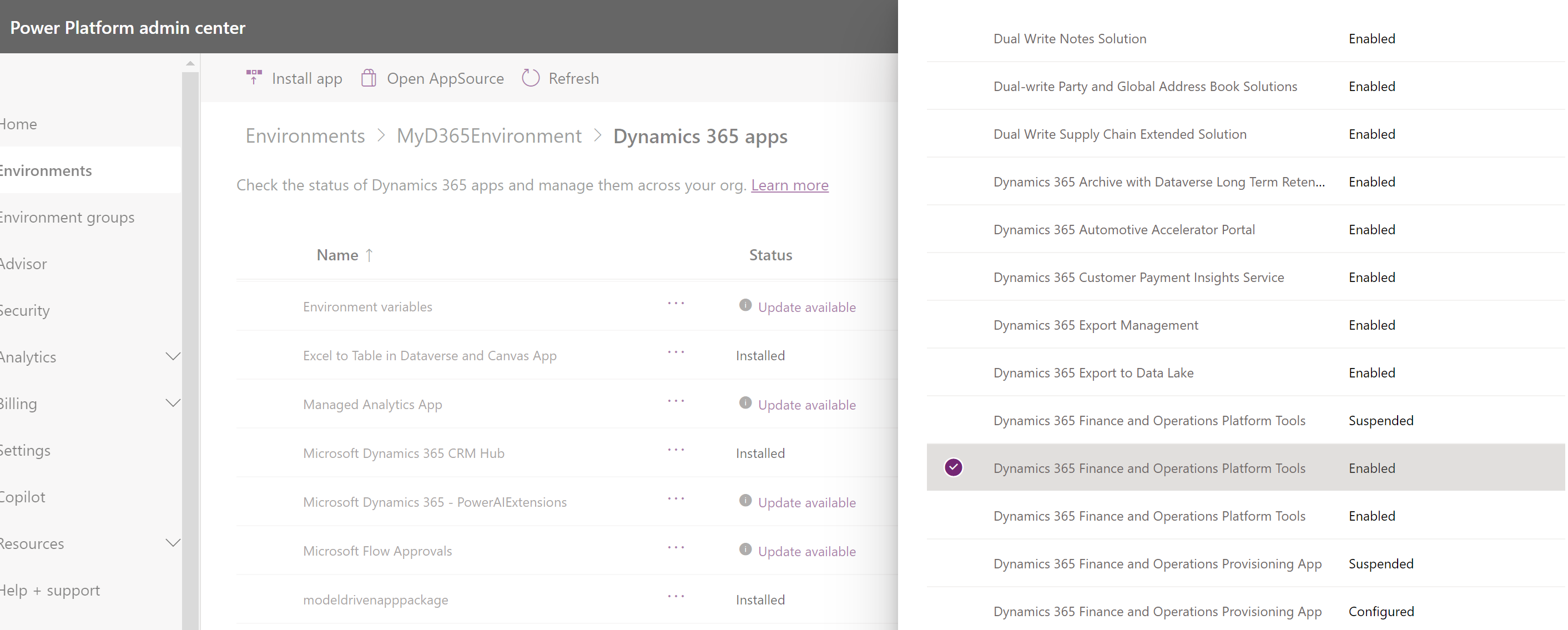 有効ステータスのDynamics 365 Finance and Operationsプラットフォーム ツールのエントリがインストール対象として選択されているスクリーンショット。