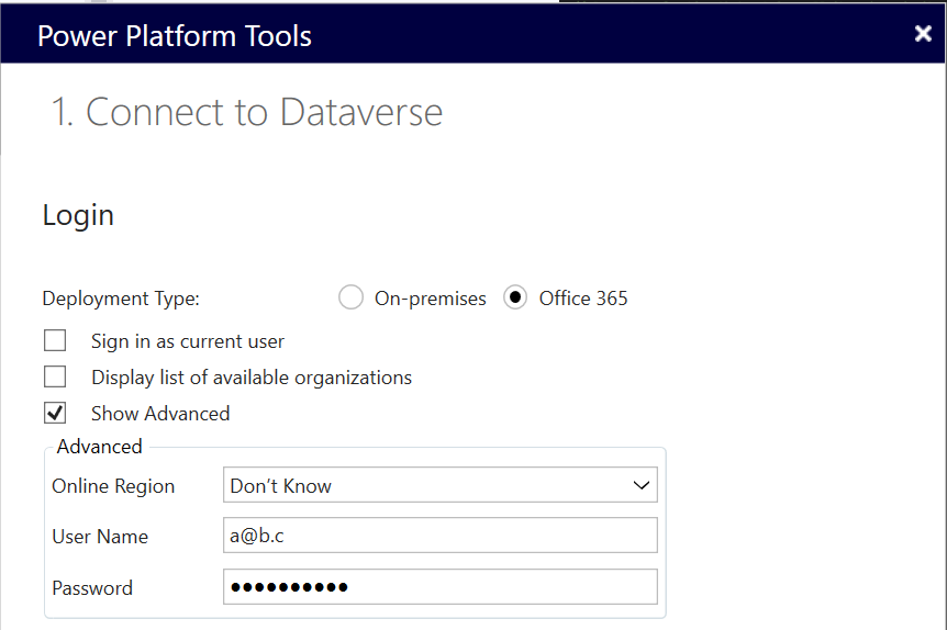 詳細を表示が選択されている Visual Studio から 統合環境に接続するときのログインダイアログ。