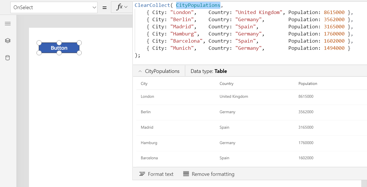 結果ビューに表示される CityPopulations コレクション