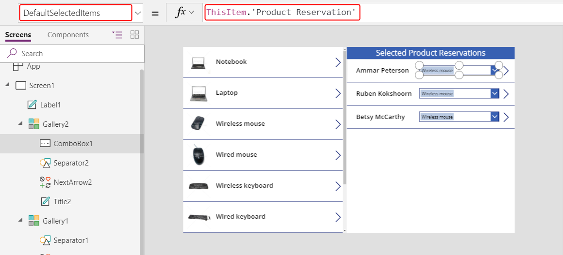 ReserveCombo の DefaultSelectedItems を設定します。