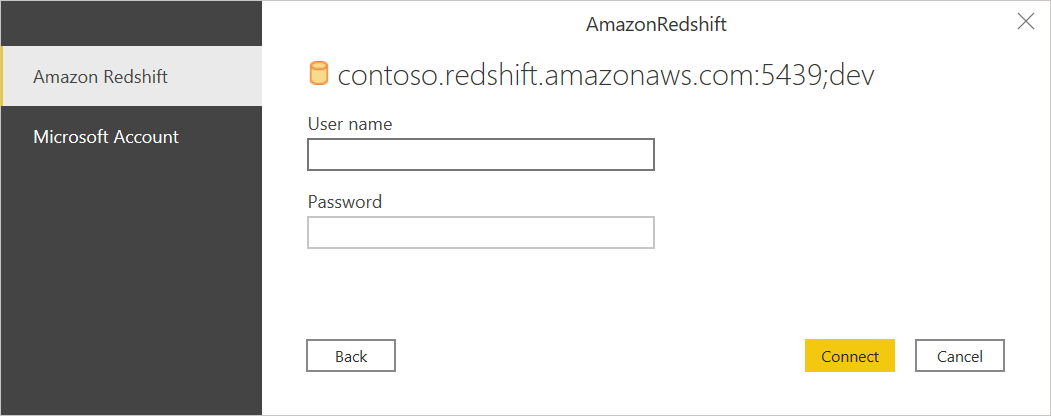 [Amazon Redshift] が認証の種類として選択された認証ダイアログを示す画像。