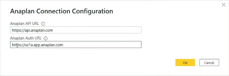 Anaplan 接続の構成を行うダイアログ。