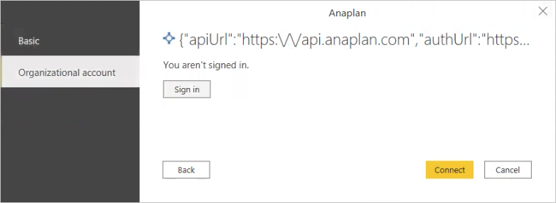 Anaplan Power BI コネクタの [接続] ダイアログ。