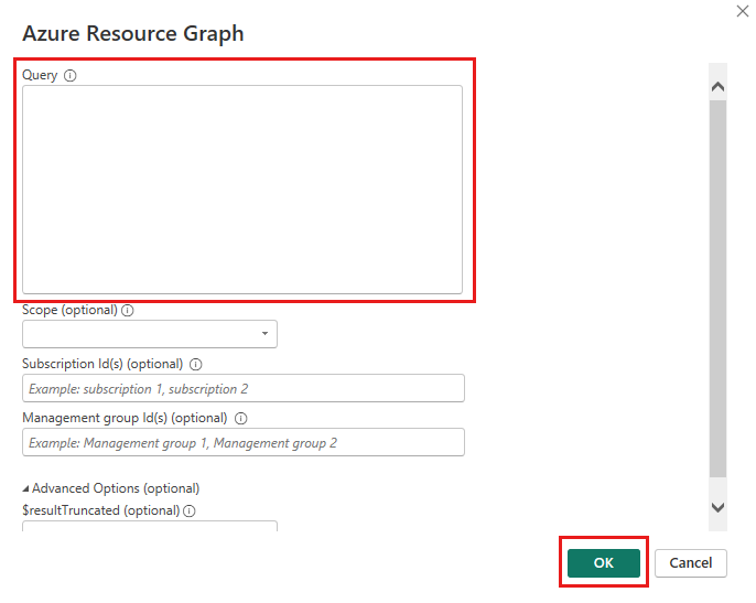 Azure Resource Graph コネクタが強調表示された [入力] ダイアログ ボックスのスクリーンショット。