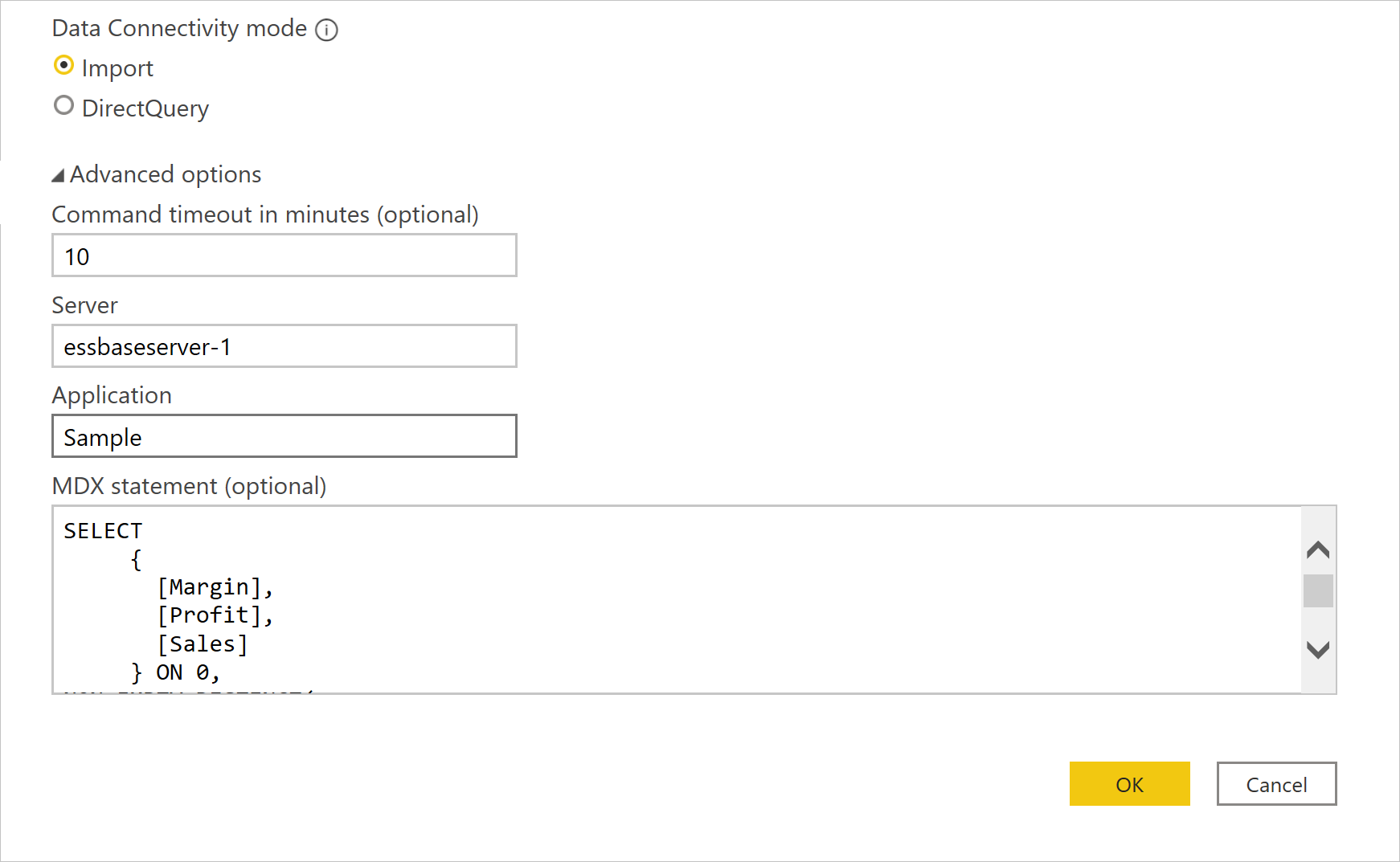 コマンドのタイムアウトと MDX の詳細オプションが設定された Essbase 接続認証。