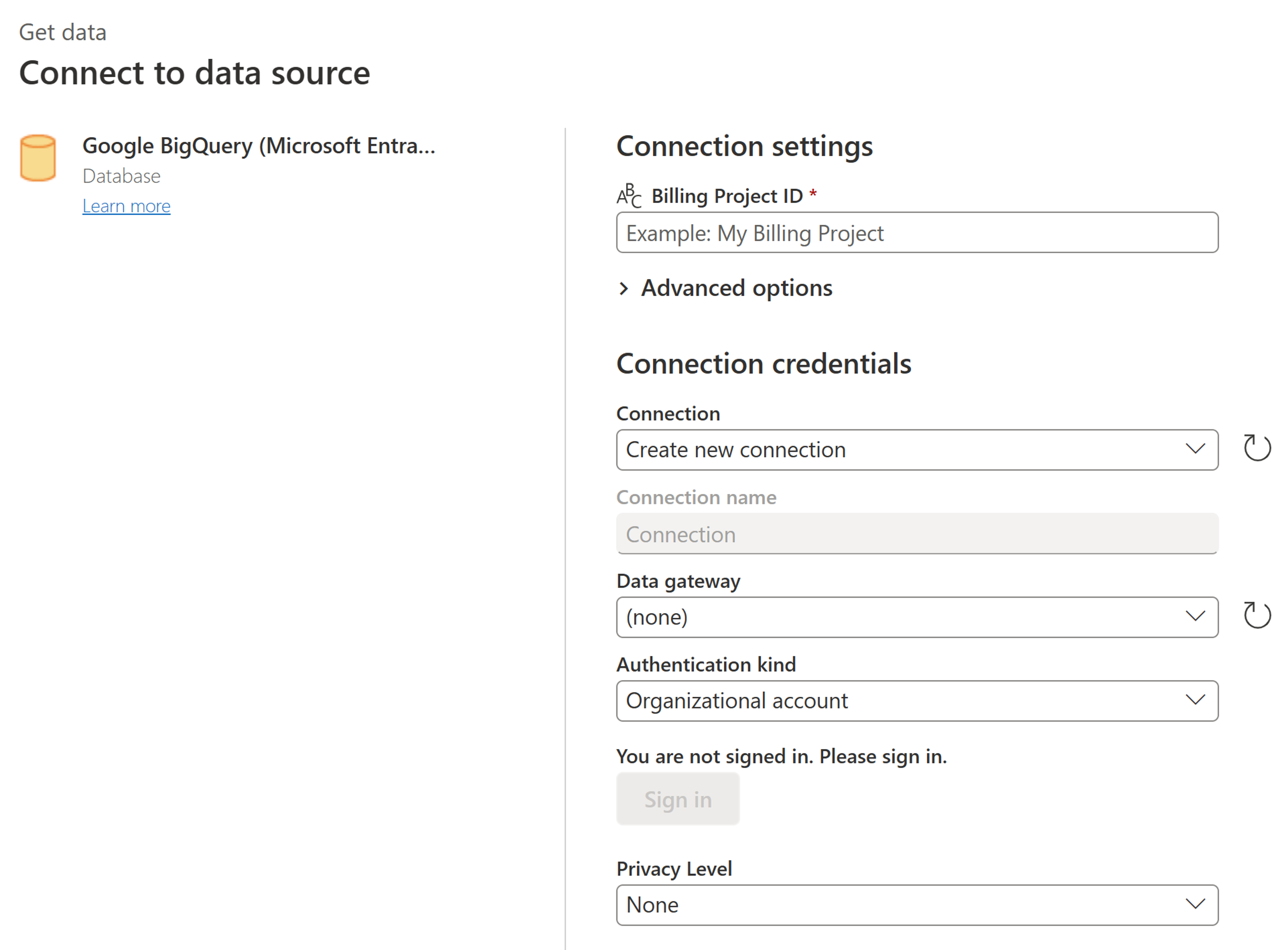 Google BigQuery (Microsoft Entra ID) の接続設定と認証情報を入力する [データ ソースへの接続] ダイアログのスクリーンショット。